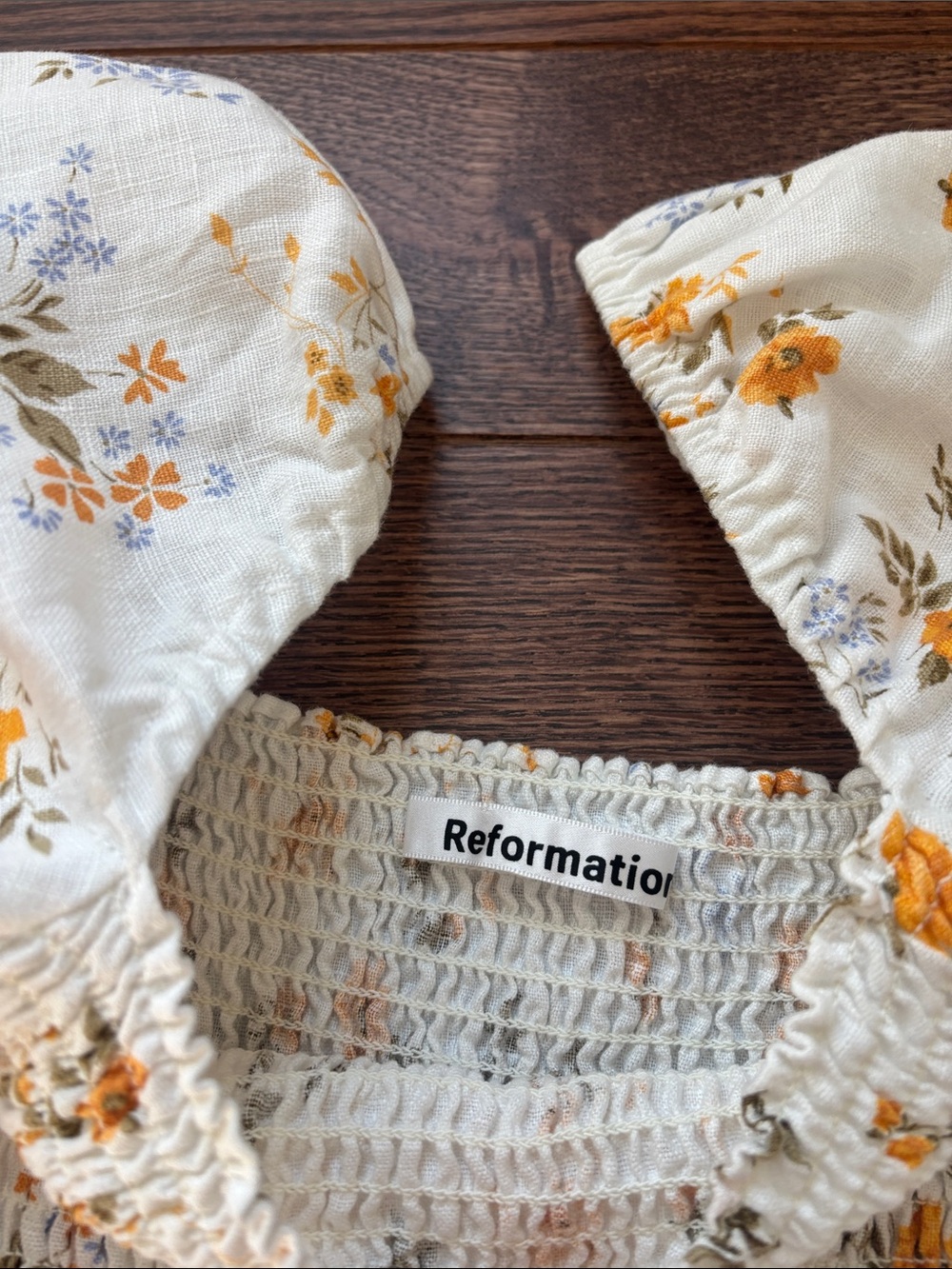 Reformation White Floral Smocked Dress with Puff Sleeves - Picture 3 of 4